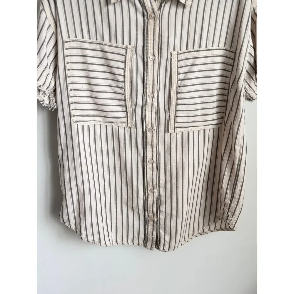 We The Free Christopher Linen Striped Short Sleeve Button-Up Shirt Beige S NWT - Picture 4 of 9